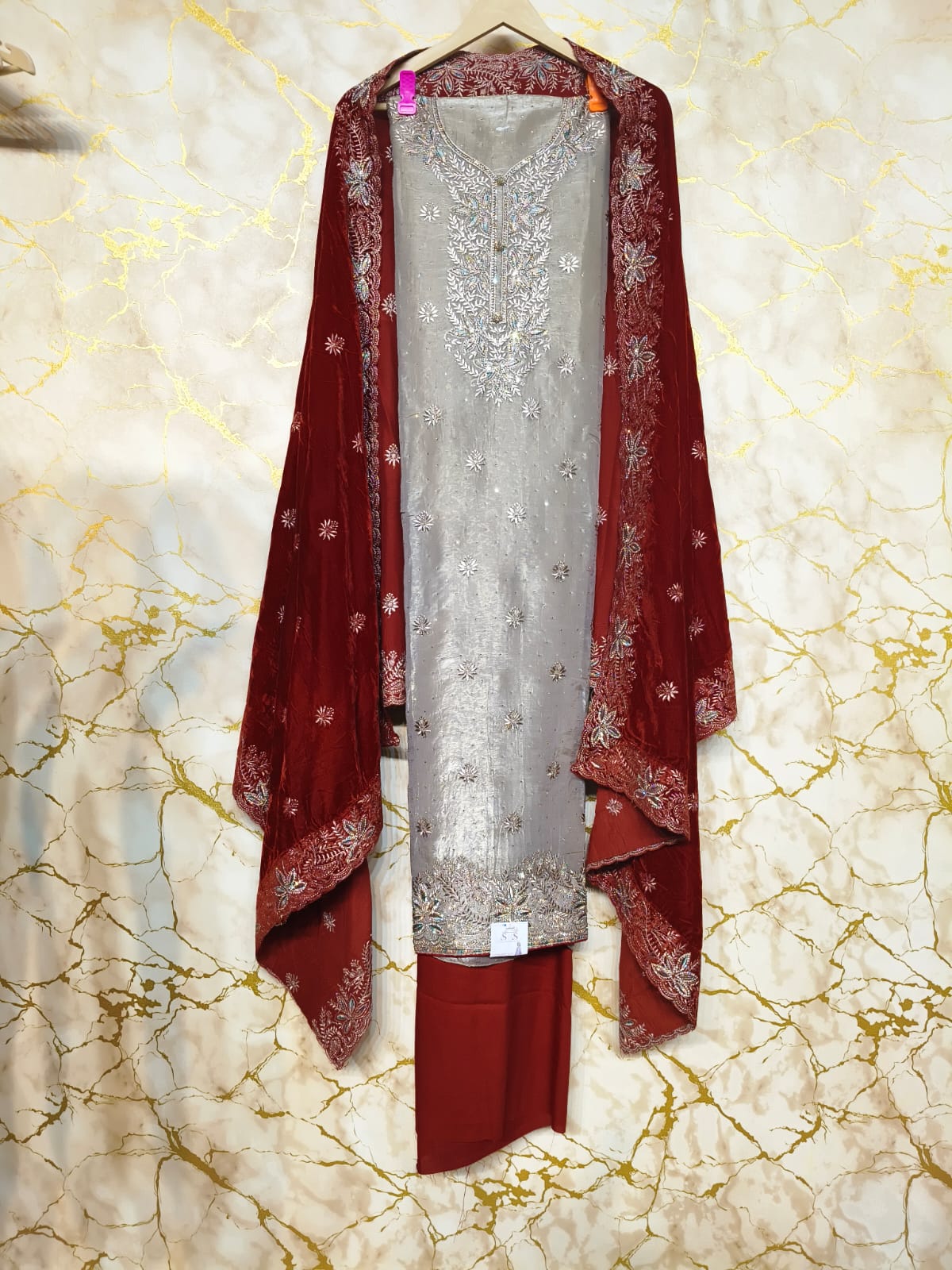 Premium Embroidered Ladies Unstitched Suit with Velvet Contrast Designer Dupatta