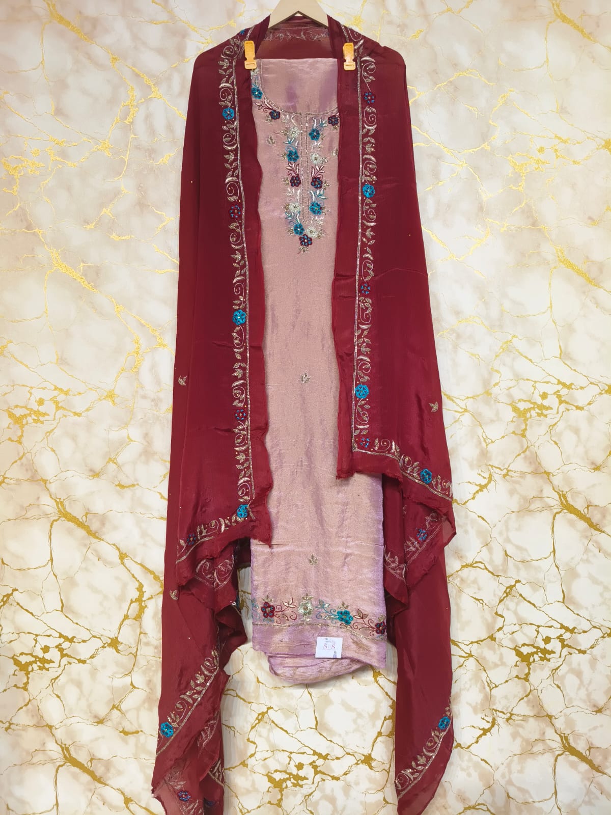 Blush Silk Suit with Wine Red Handwork Embroidered Dupatta – Luxury Festive & Wedding Wear
