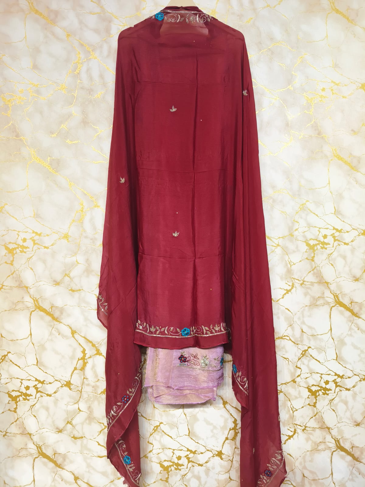 Blush Silk Suit with Wine Red Handwork Embroidered Dupatta – Luxury Festive & Wedding Wear