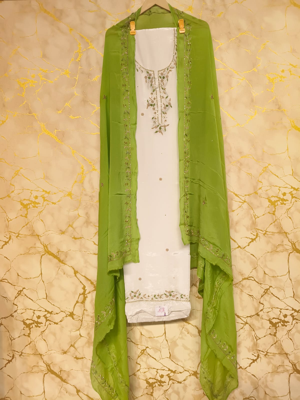 Ivory Designer Suit with Lime Green Handwork Embroidered Dupatta – Elegant Festive & Party Wear