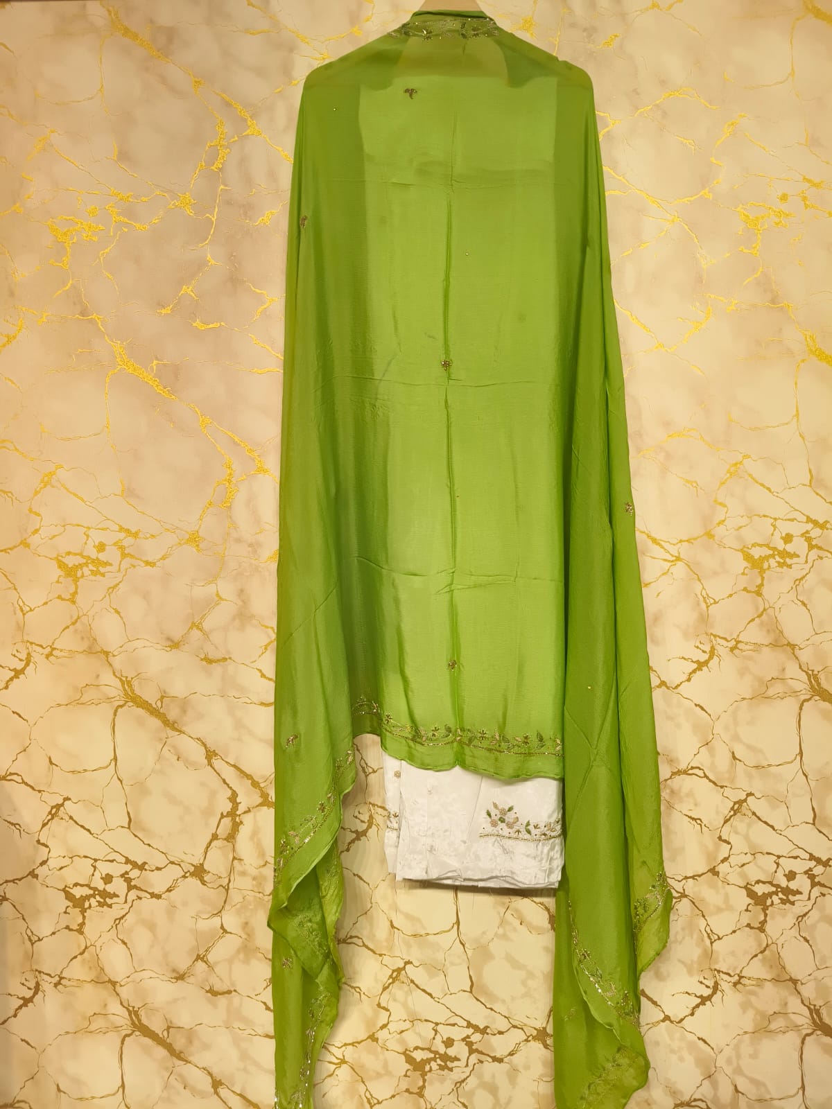 Ivory Designer Suit with Lime Green Handwork Embroidered Dupatta – Elegant Festive & Party Wear