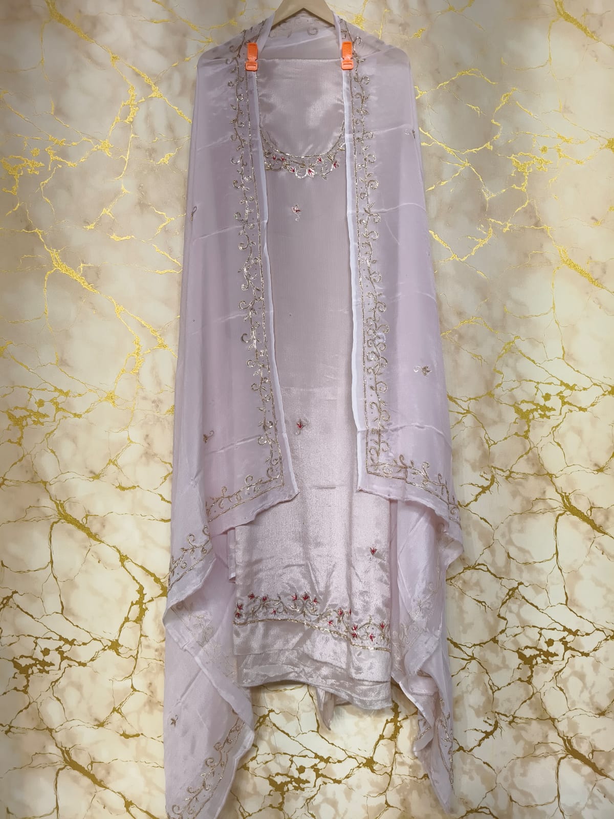 Pearl White Silk Suit with Handwork Embroidered pure Dupatta – Elegant Festive & Wedding Wear