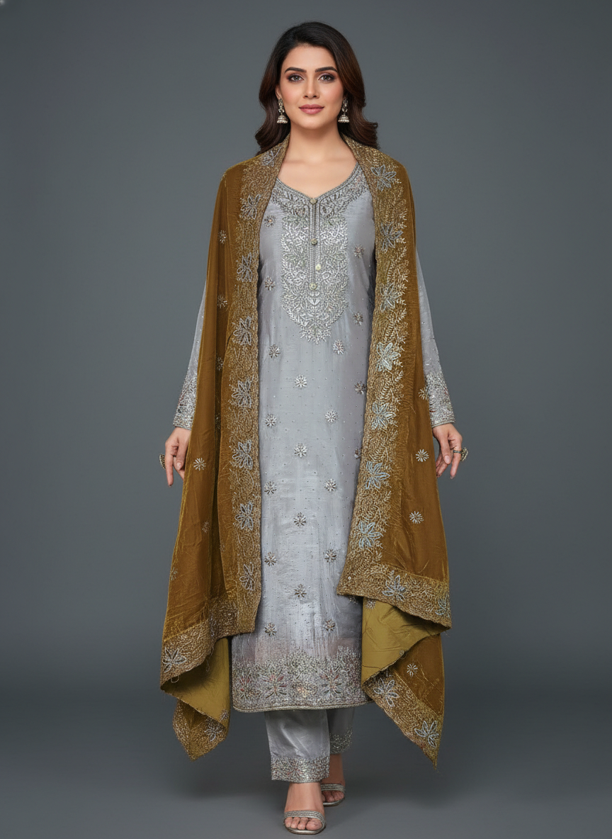 Premium Embroidered Ladies Unstitched Suit with Velvet Contrast Designer Dupatta