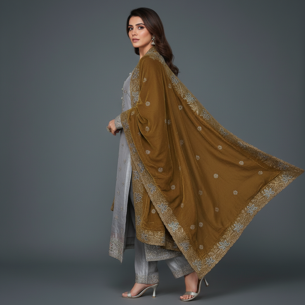 Premium Embroidered Ladies Unstitched Suit with Velvet Contrast Designer Dupatta
