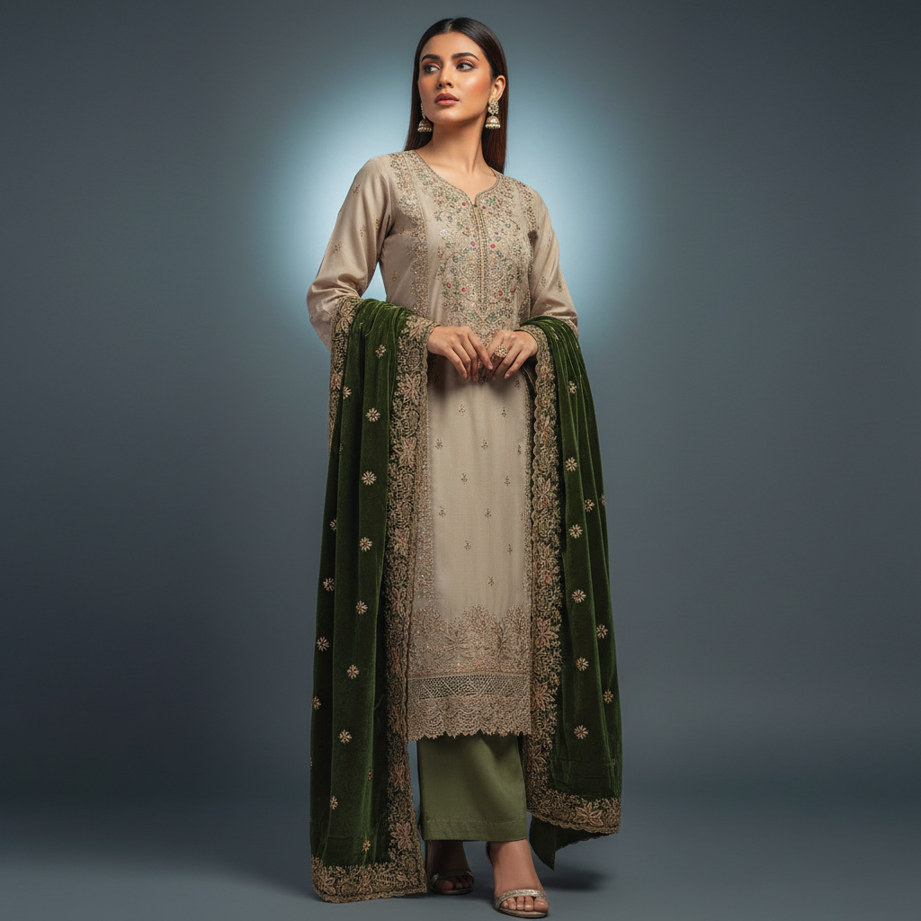 Premium Embroidered Ladies Unstitched Suit with Velvet Contrast Designer Dupatta