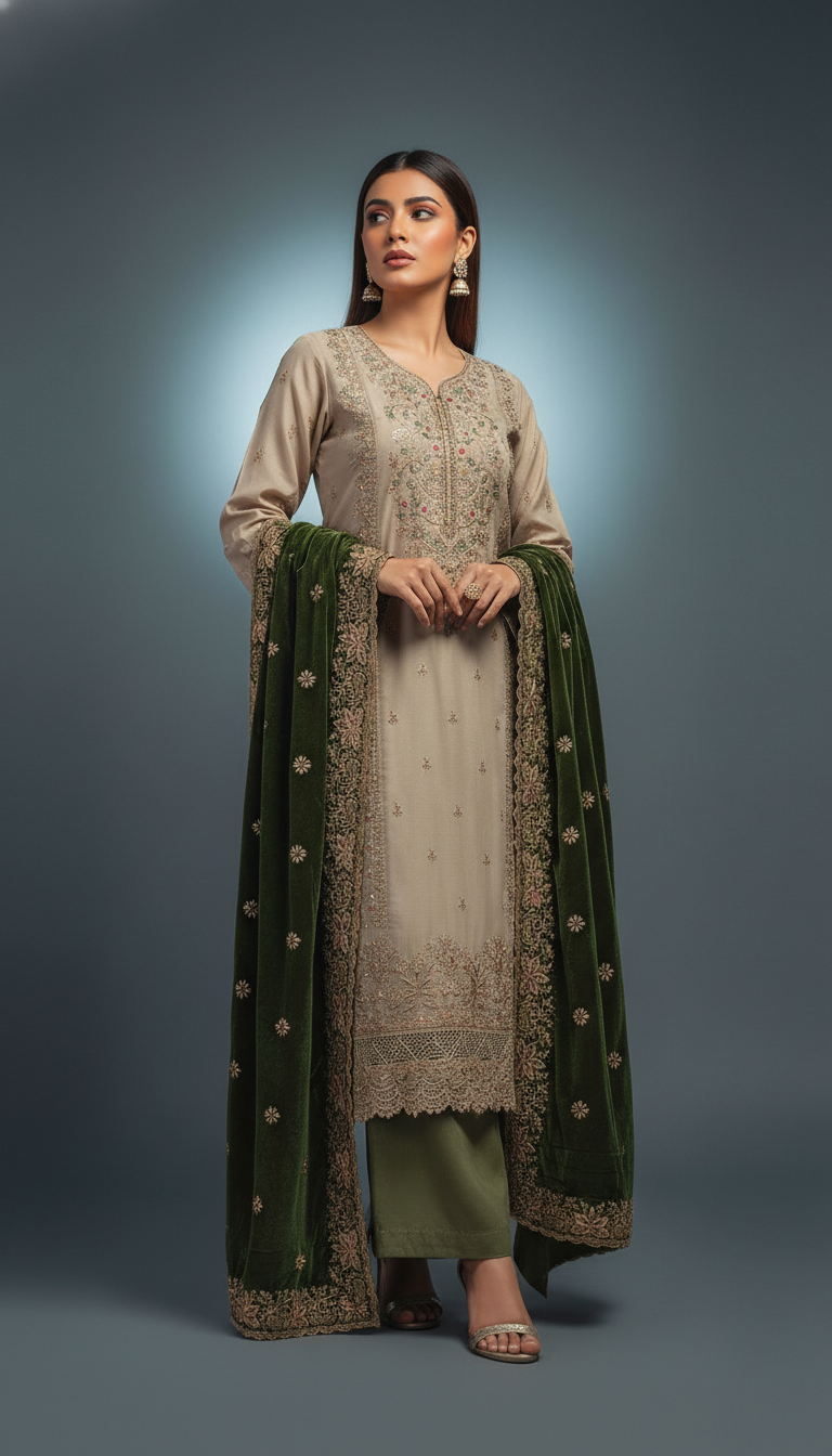 Premium Embroidered Ladies Unstitched Suit with Velvet Contrast Designer Dupatta