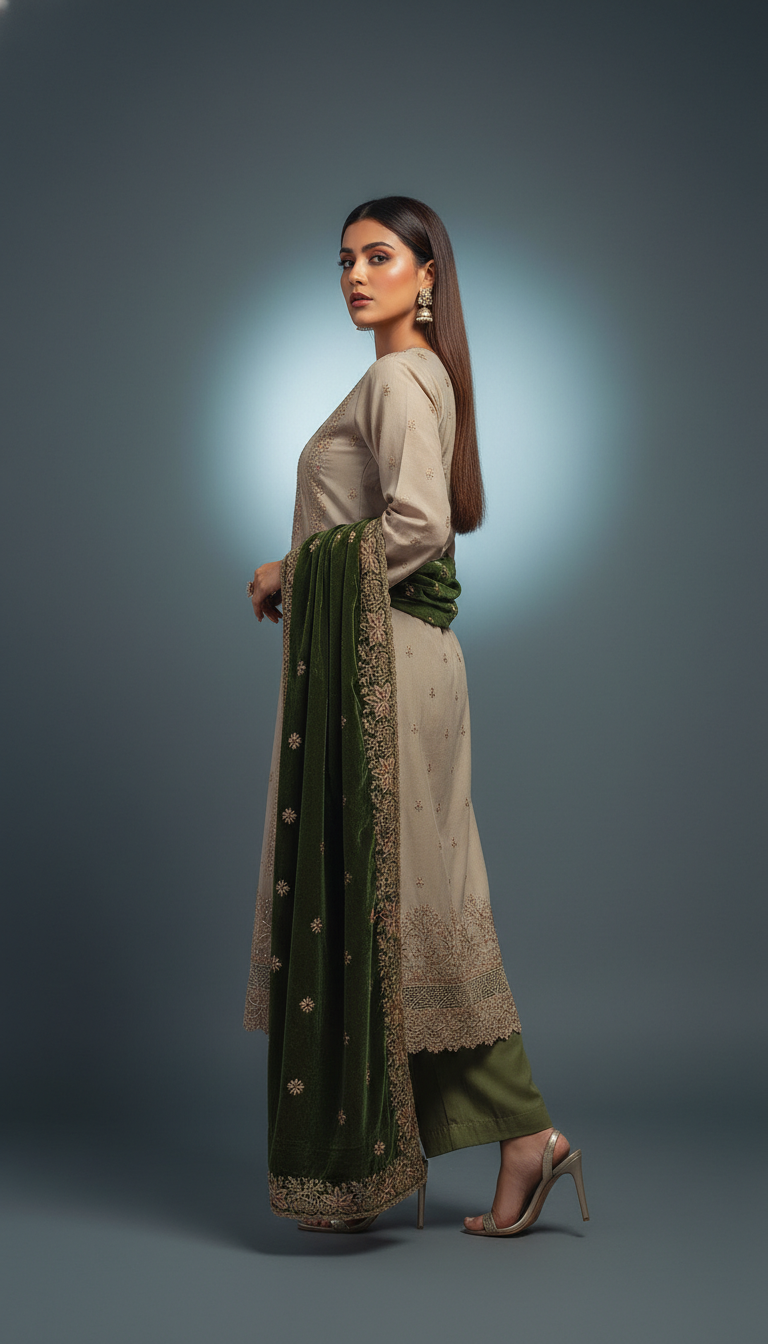 Premium Embroidered Ladies Unstitched Suit with Velvet Contrast Designer Dupatta