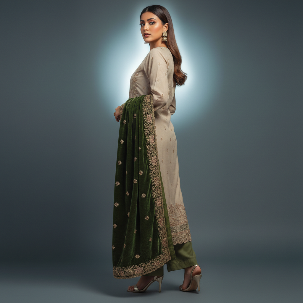 Premium Embroidered Ladies Unstitched Suit with Velvet Contrast Designer Dupatta