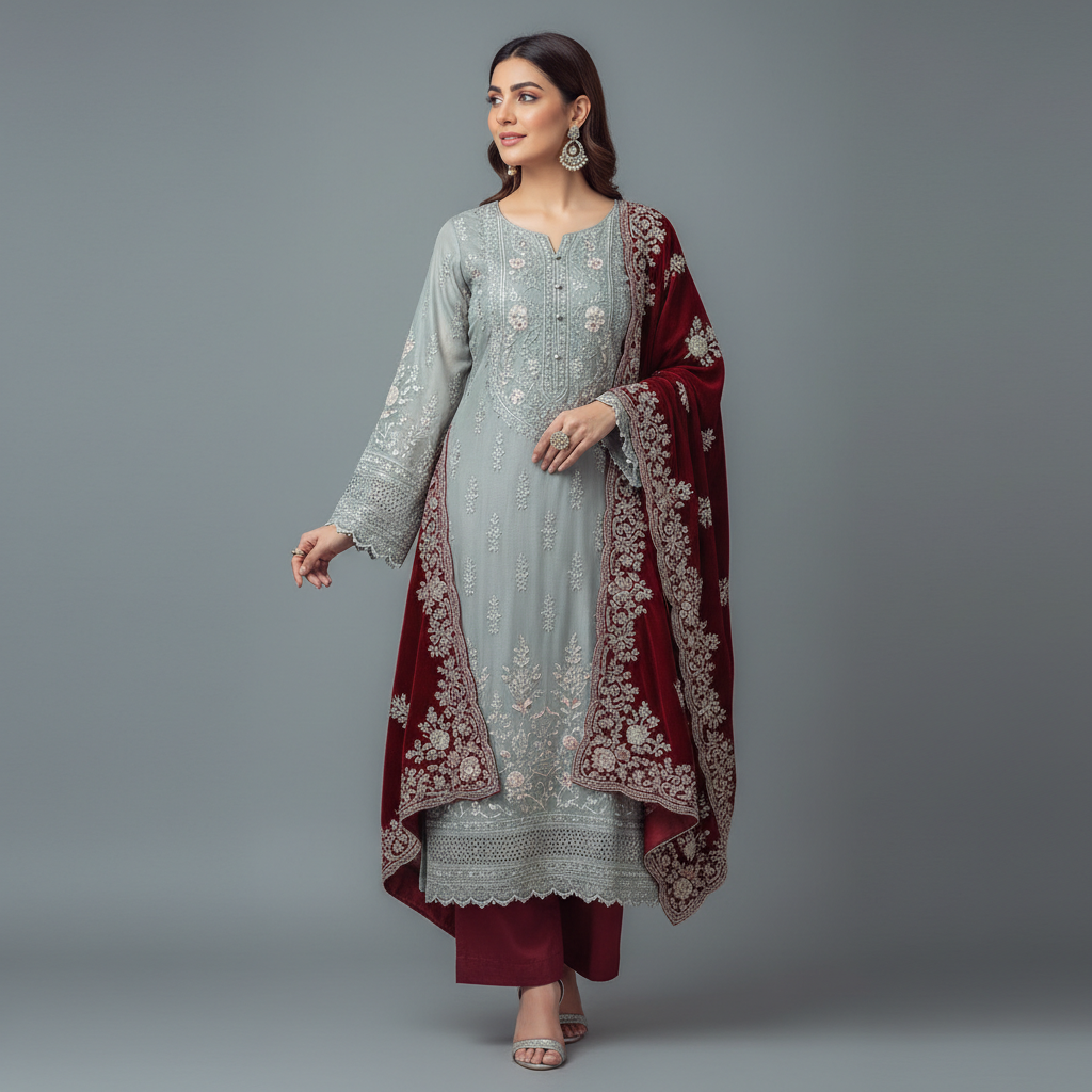 Premium Embroidered Ladies Unstitched Suit with Velvet Contrast Designer Dupatta
