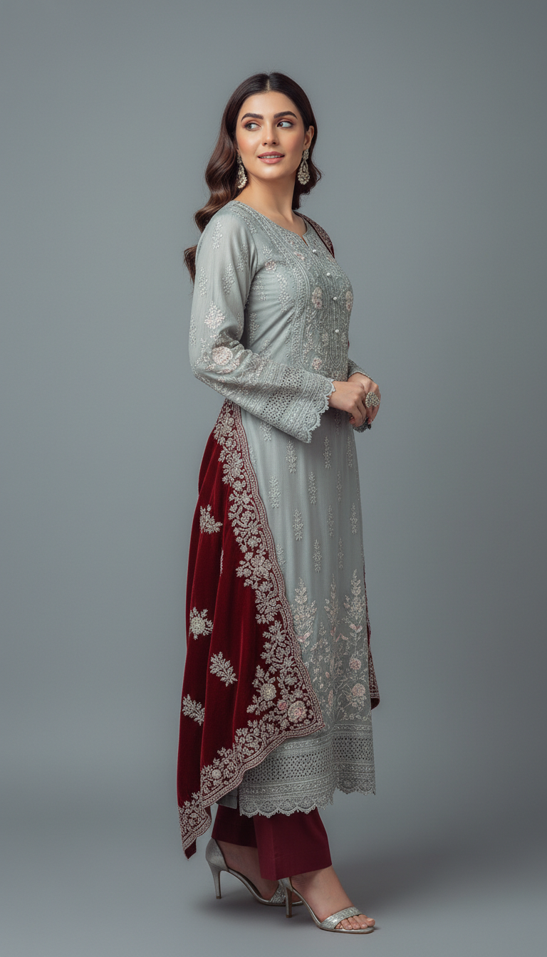 Premium Embroidered Ladies Unstitched Suit with Velvet Contrast Designer Dupatta