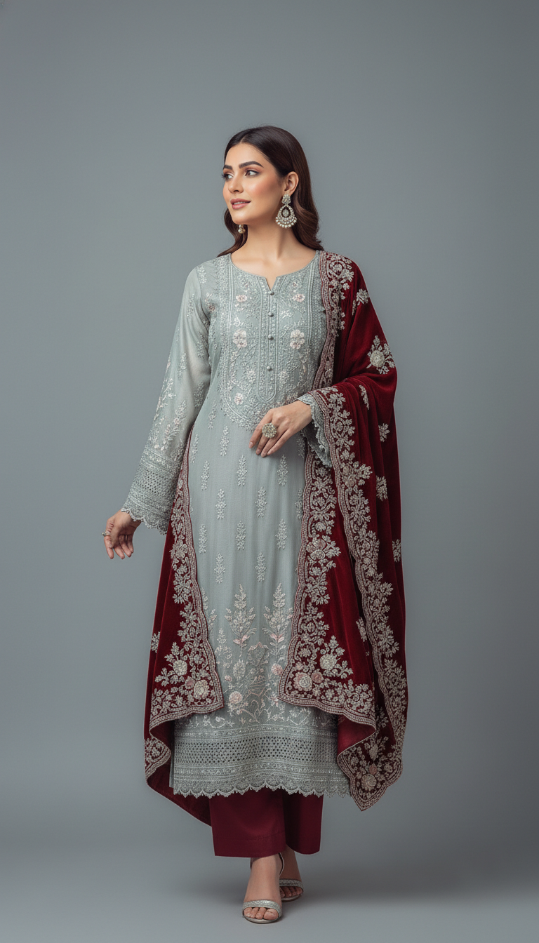 Premium Embroidered Ladies Unstitched Suit with Velvet Contrast Designer Dupatta