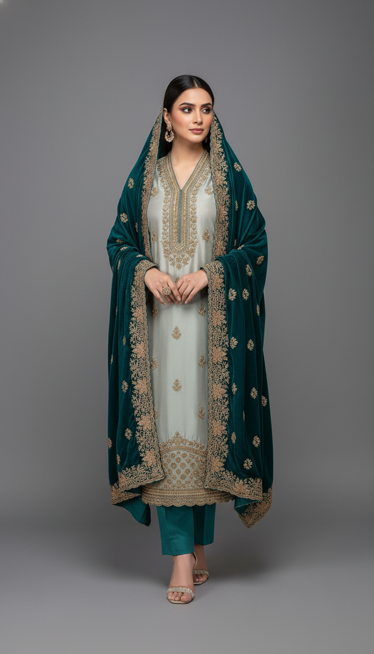Premium Embroidered Ladies Unstitched Suit with Velvet Contrast Designer Dupatta