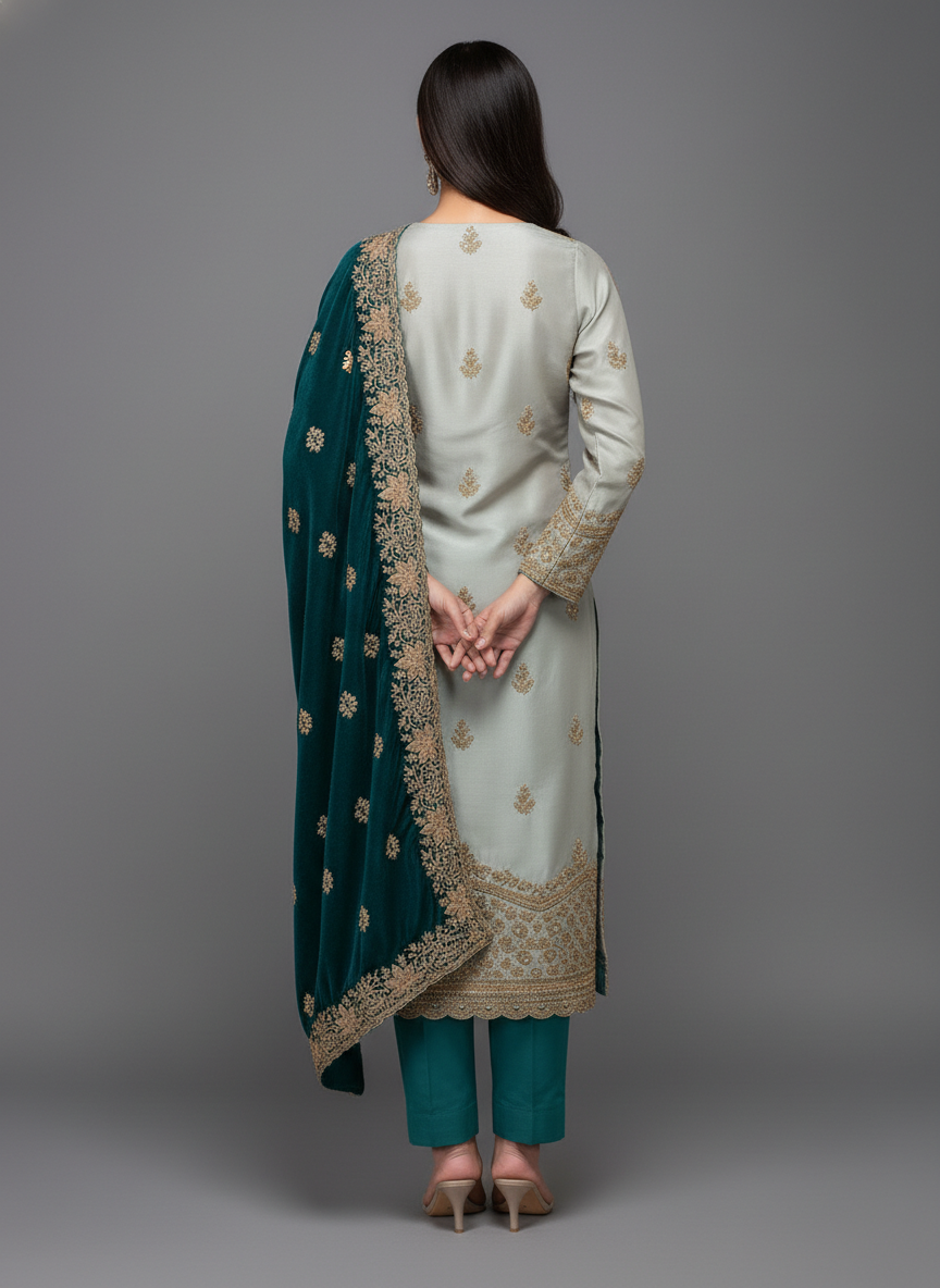 Premium Embroidered Ladies Unstitched Suit with Velvet Contrast Designer Dupatta