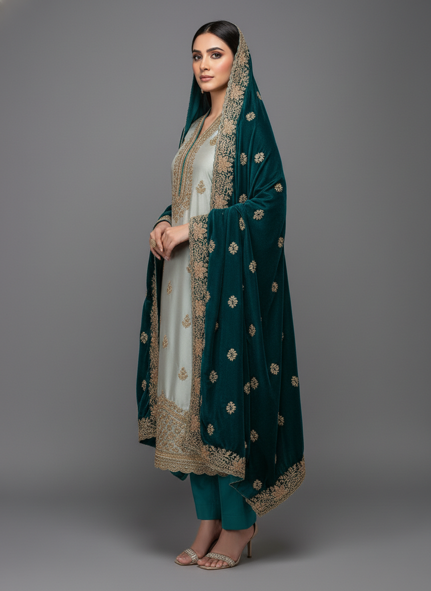 Premium Embroidered Ladies Unstitched Suit with Velvet Contrast Designer Dupatta