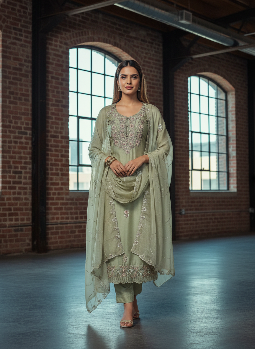Premium Embroidered Designer Suit with Pure Dupatta & Floral Handwork