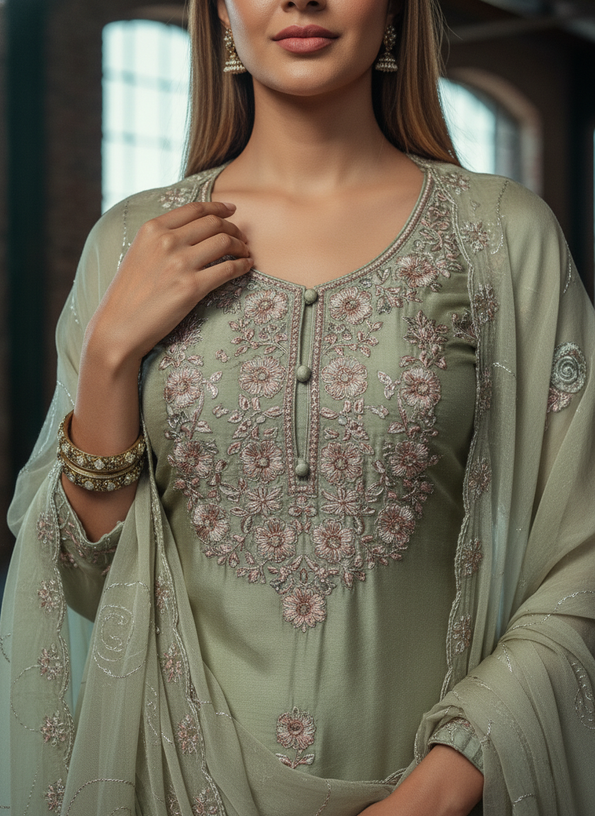 Premium Embroidered Designer Suit with Pure Dupatta & Floral Handwork