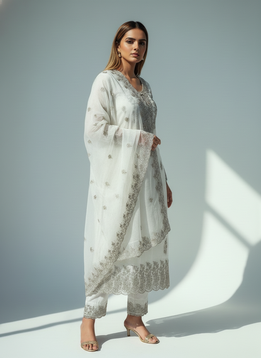 Luxury White & Silver Embroidered Suit Set with Dupatta – Elegant Festive & Party Wear