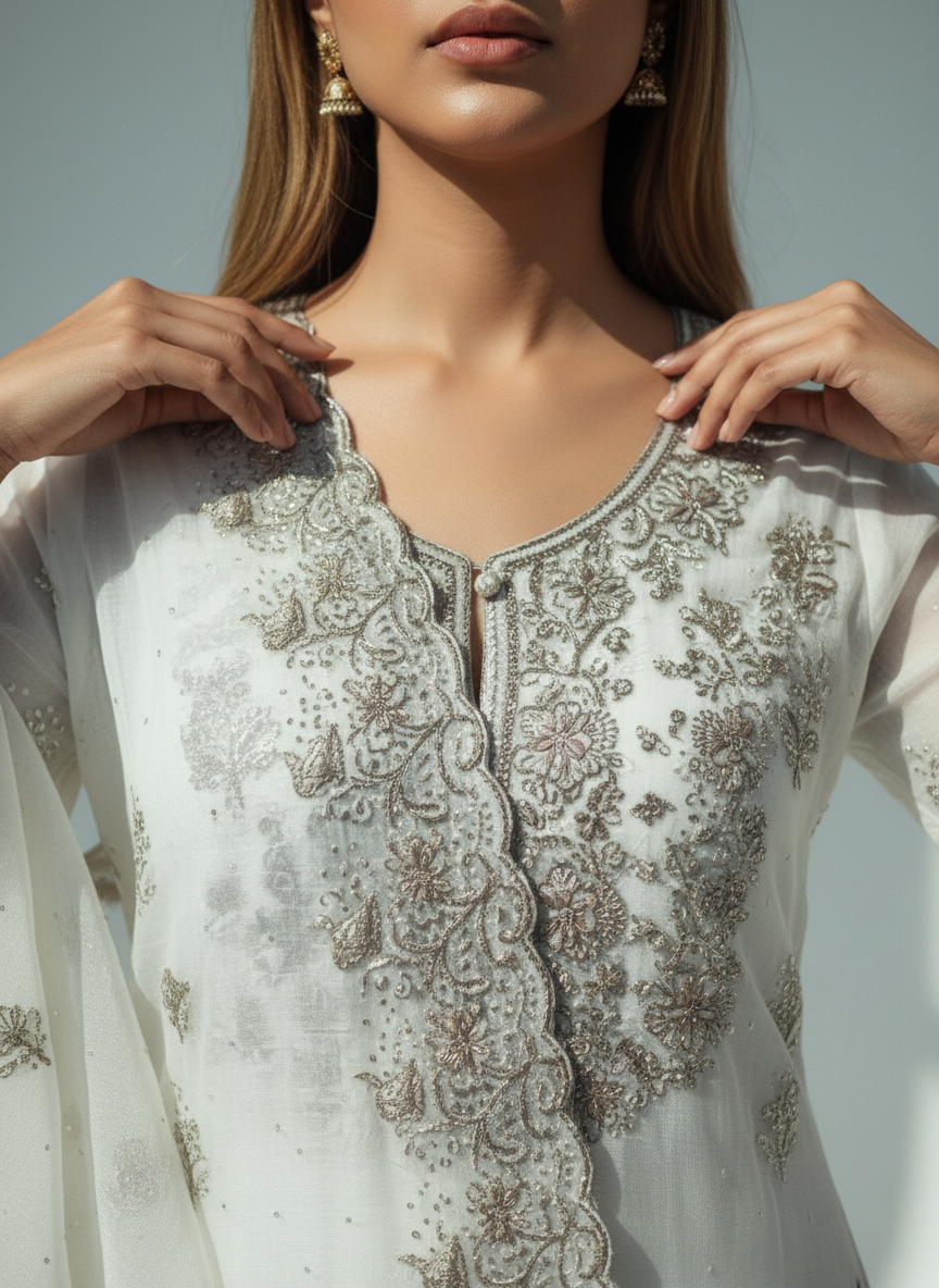 Luxury White & Silver Embroidered Suit Set with Dupatta – Elegant Festive & Party Wear