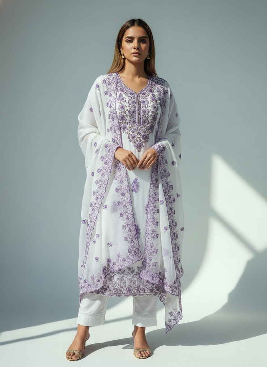 Luxury White & Silver Embroidered Suit Set with Dupatta – Elegant Festive & Party Wear