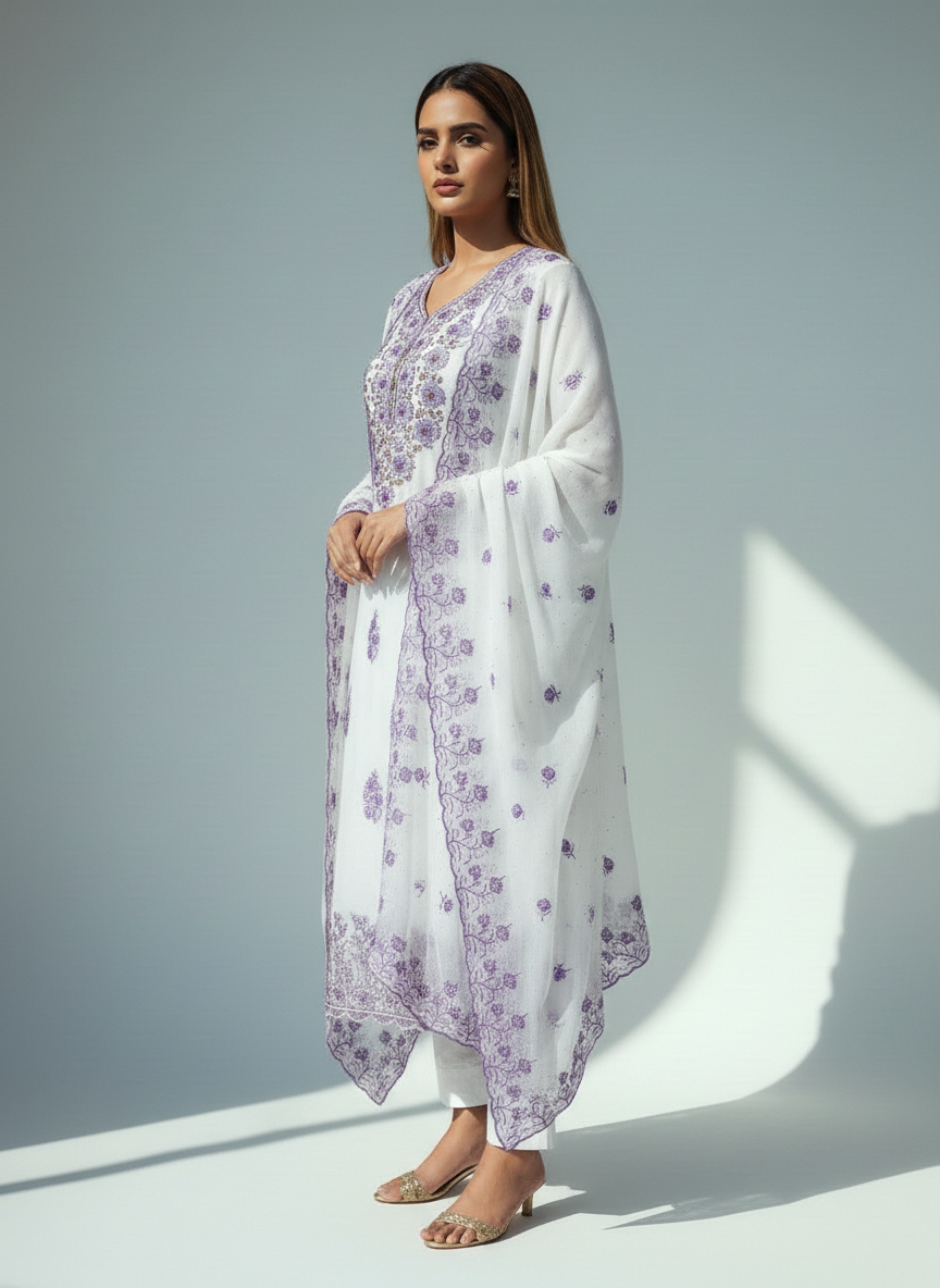 Luxury White & Silver Embroidered Suit Set with Dupatta – Elegant Festive & Party Wear