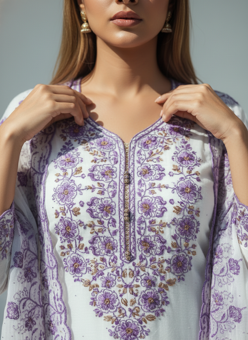 Luxury White & Silver Embroidered Suit Set with Dupatta – Elegant Festive & Party Wear