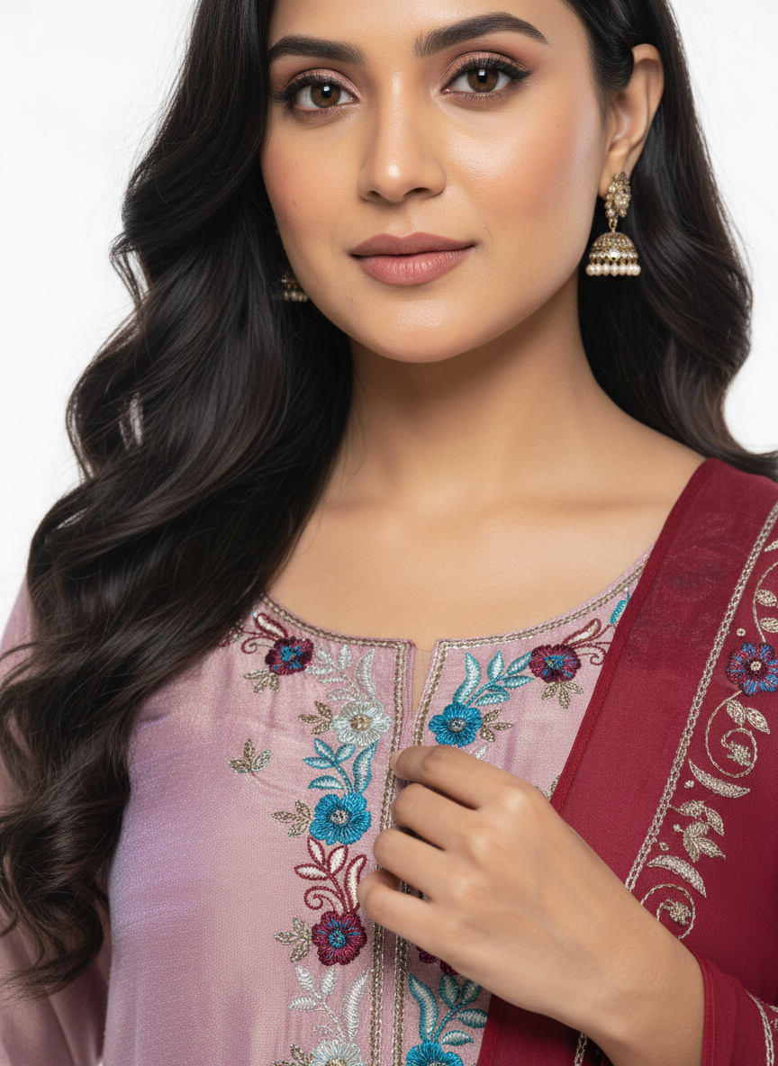Blush Silk Suit with Wine Red Handwork Embroidered Dupatta – Luxury Festive & Wedding Wear