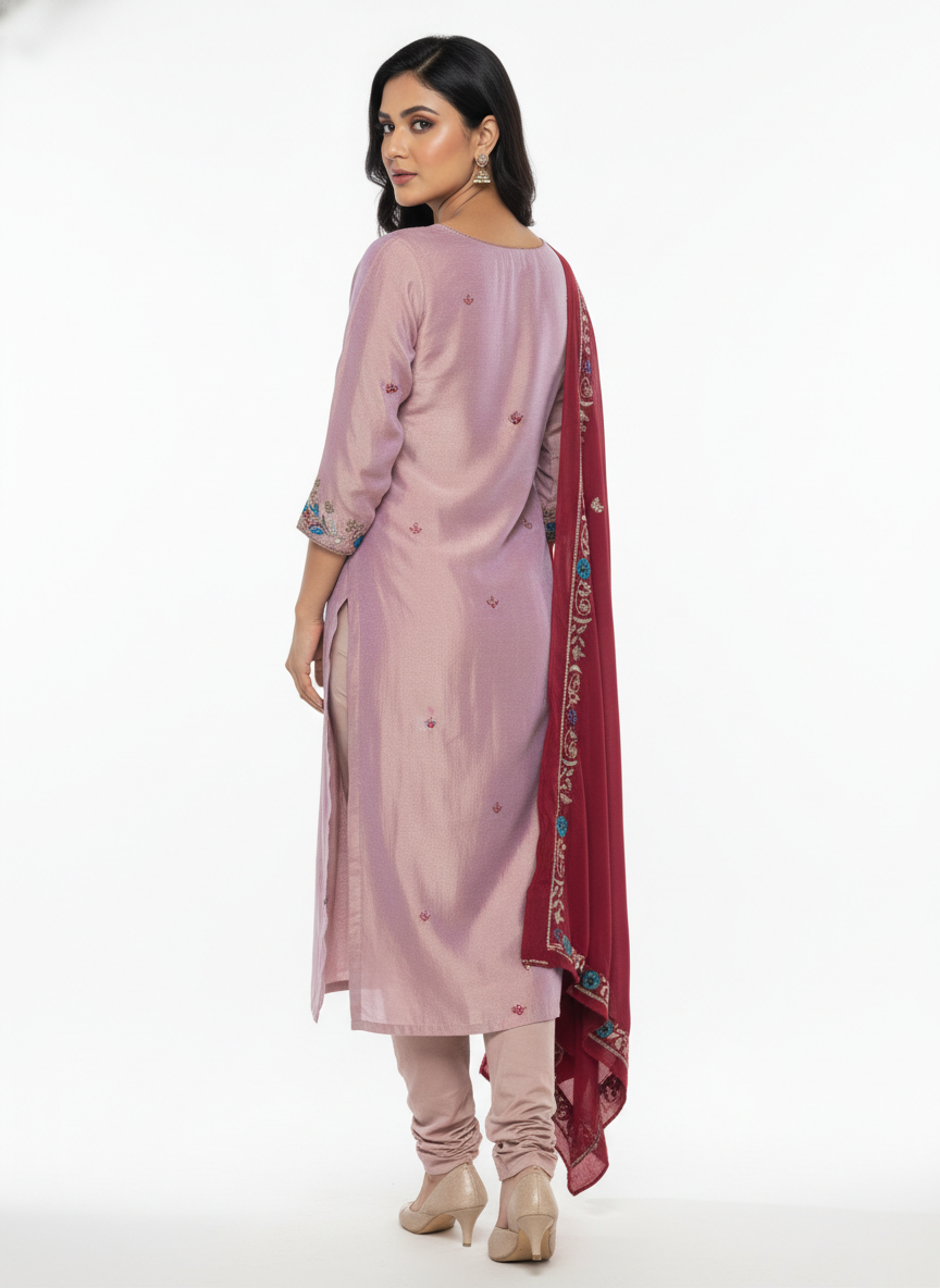 Blush Silk Suit with Wine Red Handwork Embroidered Dupatta – Luxury Festive & Wedding Wear