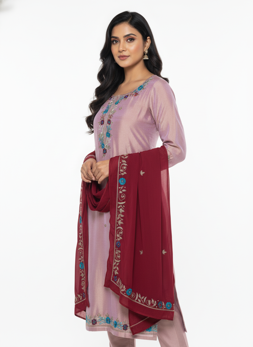 Blush Silk Suit with Wine Red Handwork Embroidered Dupatta – Luxury Festive & Wedding Wear