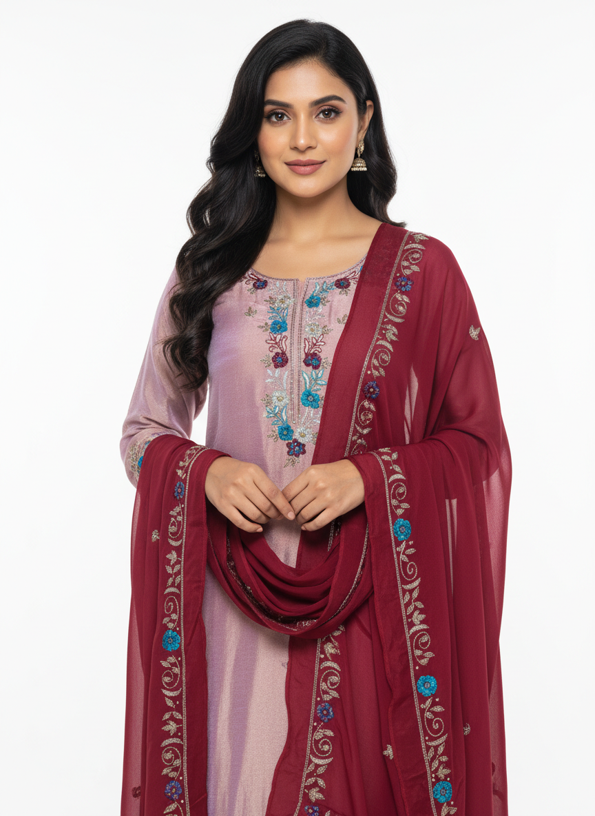 Blush Silk Suit with Wine Red Handwork Embroidered Dupatta – Luxury Festive & Wedding Wear