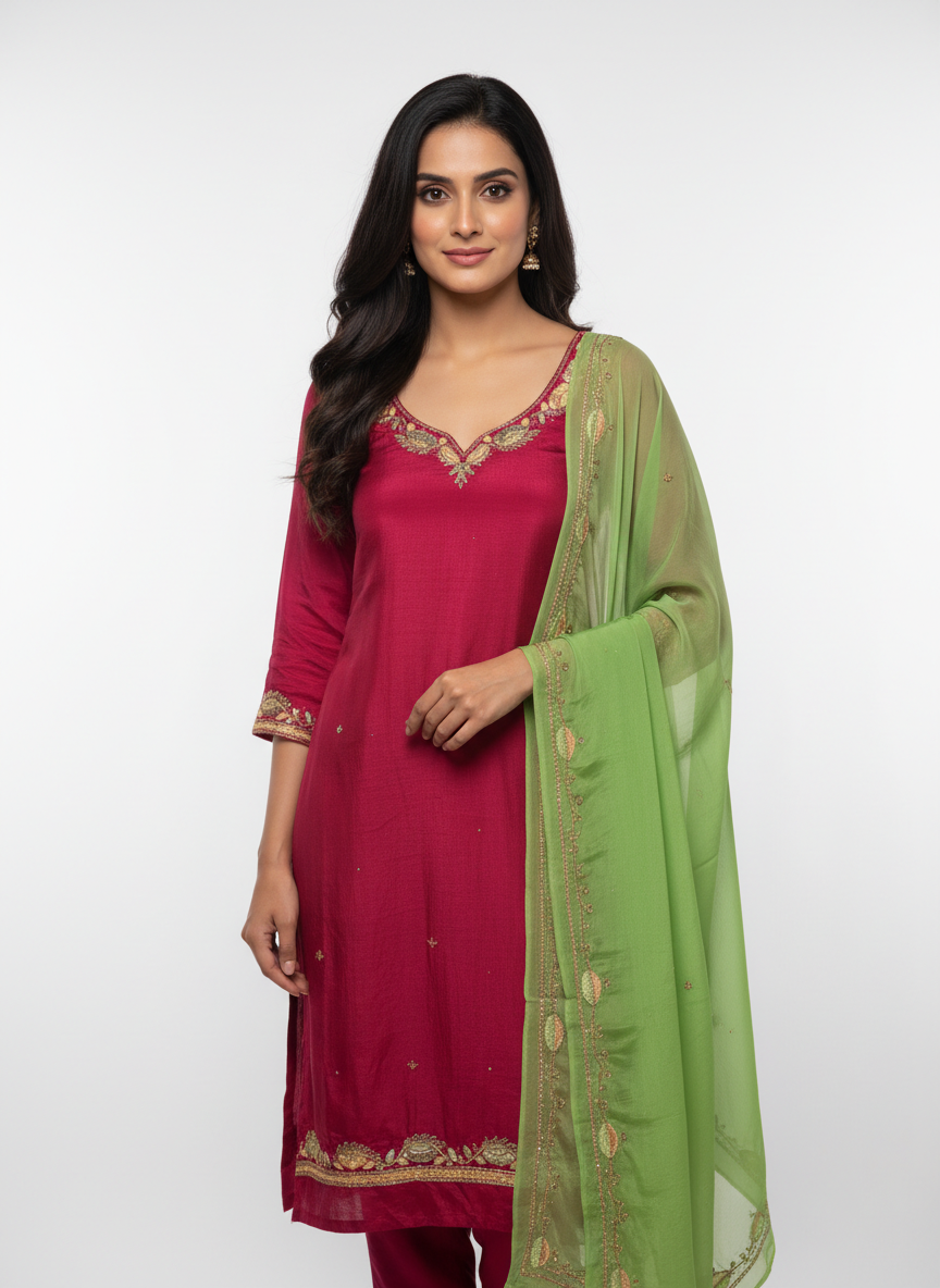 Crimson Red Silk Suit with Emerald Green Handwork Embroidered Dupatta – Royal Festive Designer Wear