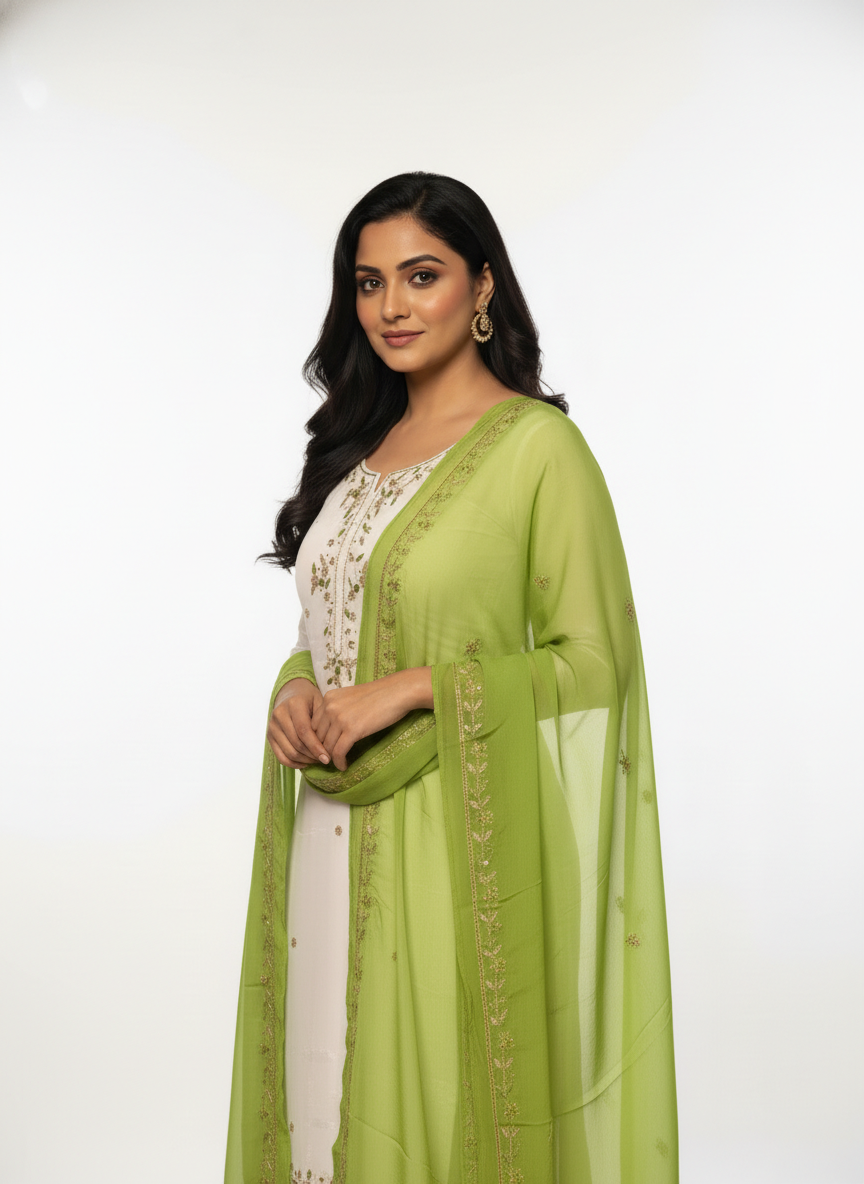 Ivory Designer Suit with Lime Green Handwork Embroidered Dupatta – Elegant Festive & Party Wear
