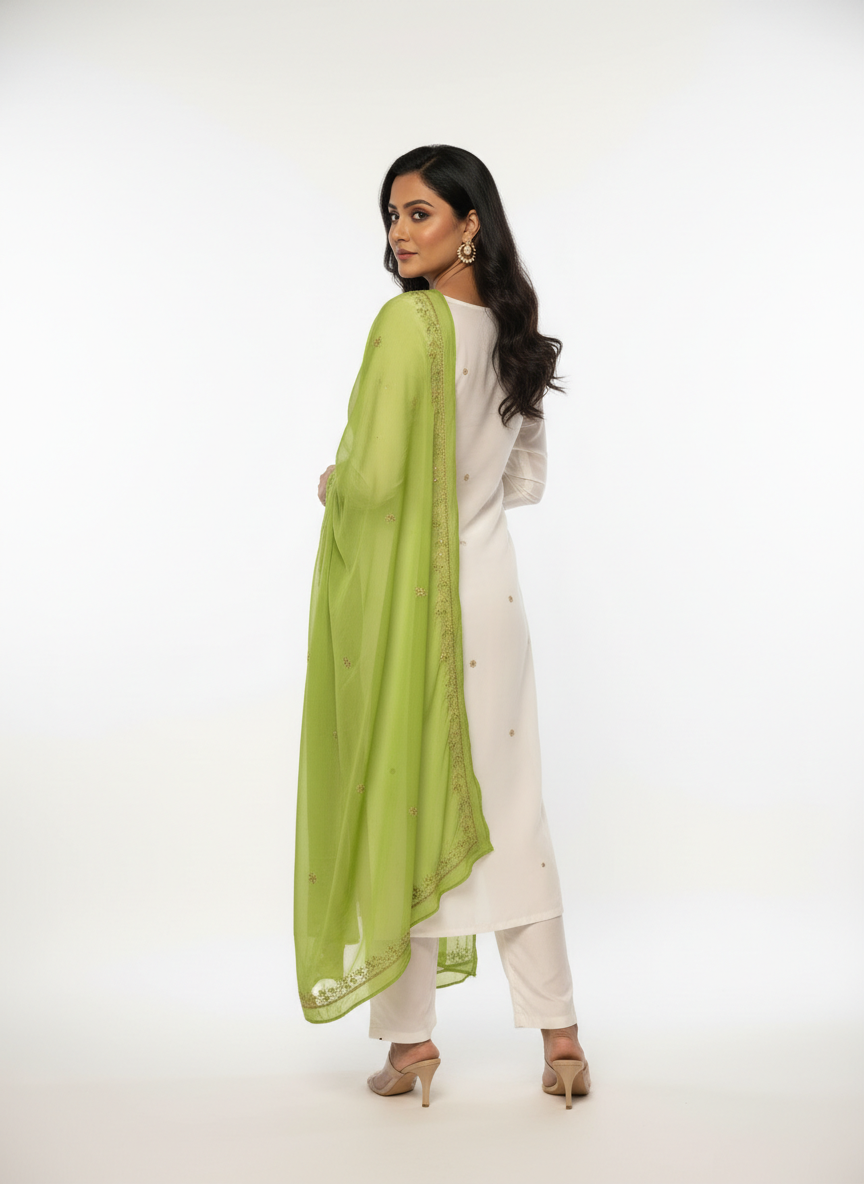 Ivory Designer Suit with Lime Green Handwork Embroidered Dupatta – Elegant Festive & Party Wear