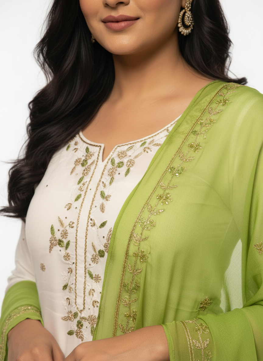 Ivory Designer Suit with Lime Green Handwork Embroidered Dupatta – Elegant Festive & Party Wear