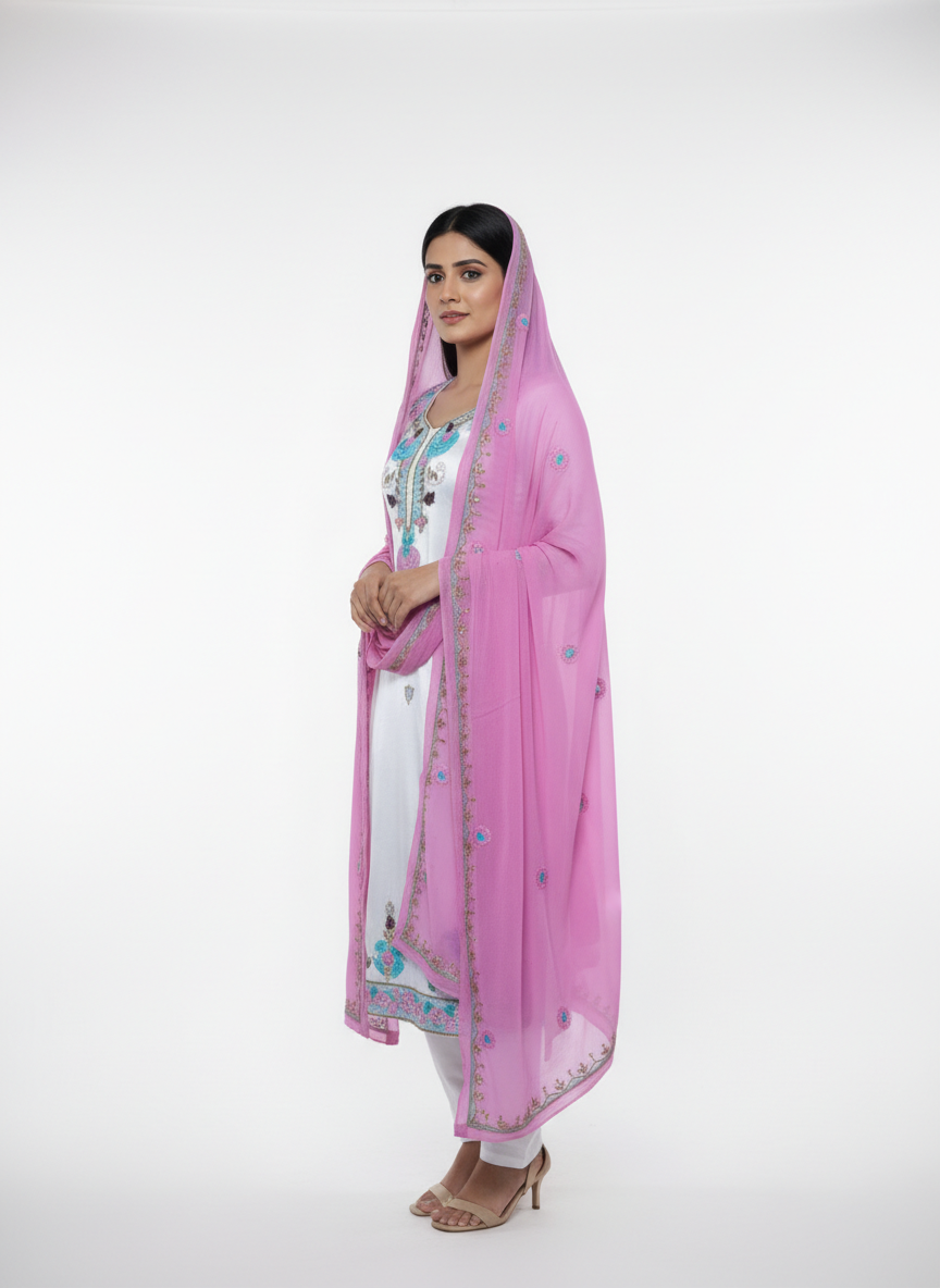 Ivory Silk Suit with Rose Pink Handwork Embroidered Dupatta – Elegant Festive & Party Wear