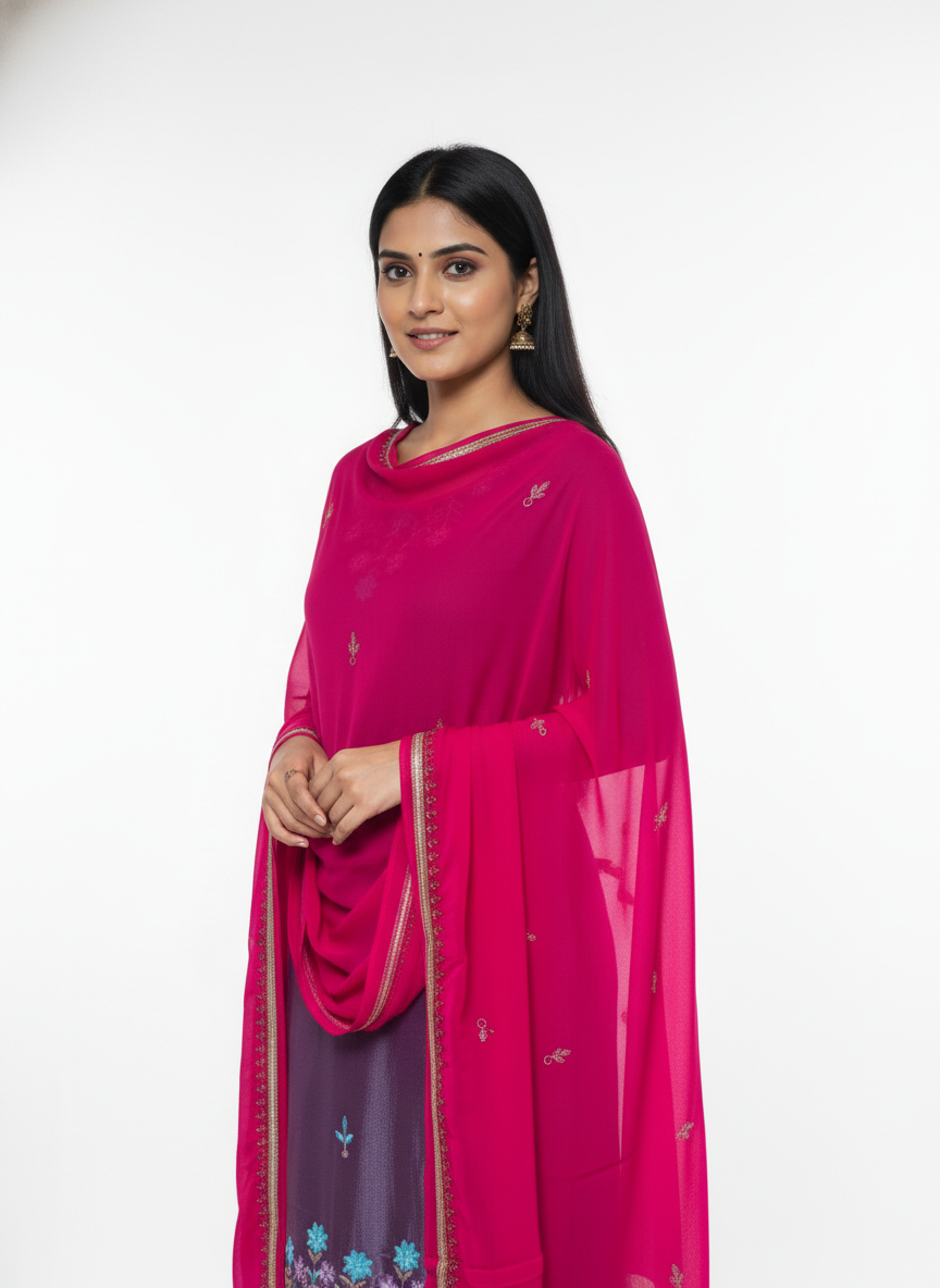 Plum Silk Suit with Fuchsia Pink Handwork Embroidered Dupatta – Designer Festive & Wedding Wear