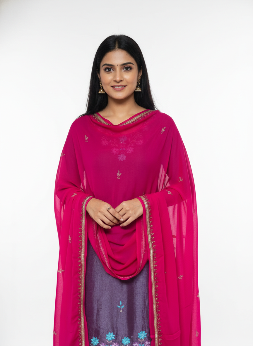 Plum Silk Suit with Fuchsia Pink Handwork Embroidered Dupatta – Designer Festive & Wedding Wear