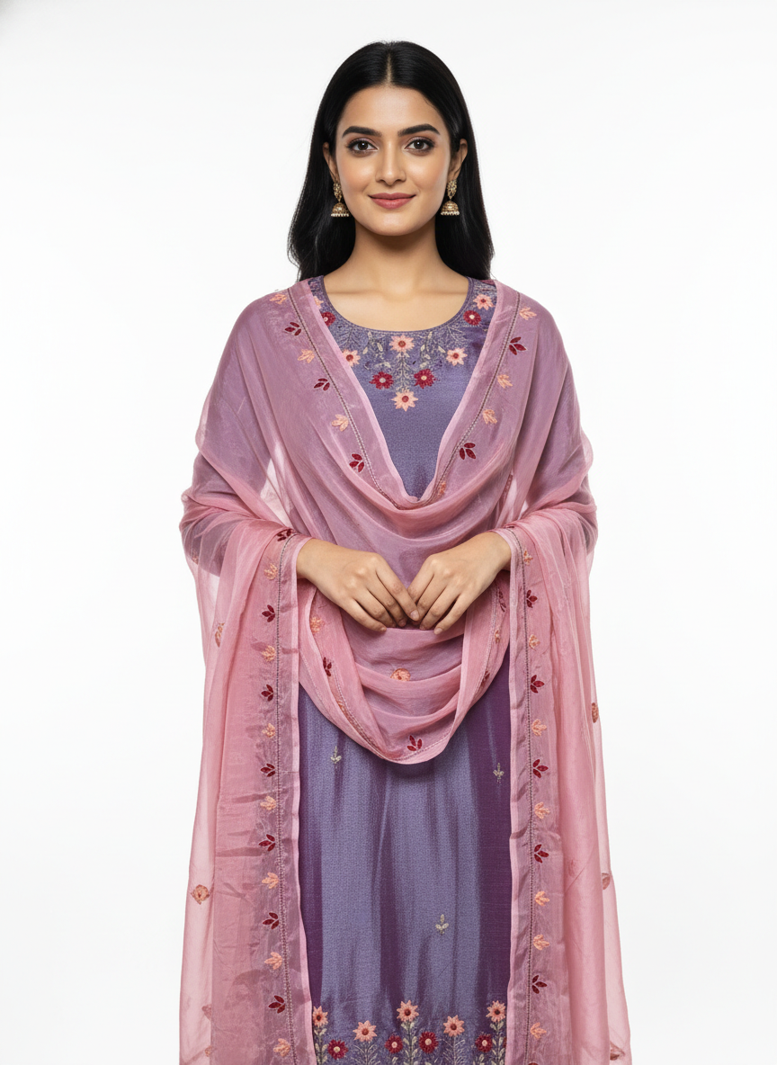Dusty Rose Dupatta with Lavender Silk Handwork Embroidery Suit – Elegant Floral Festive Designer Wear