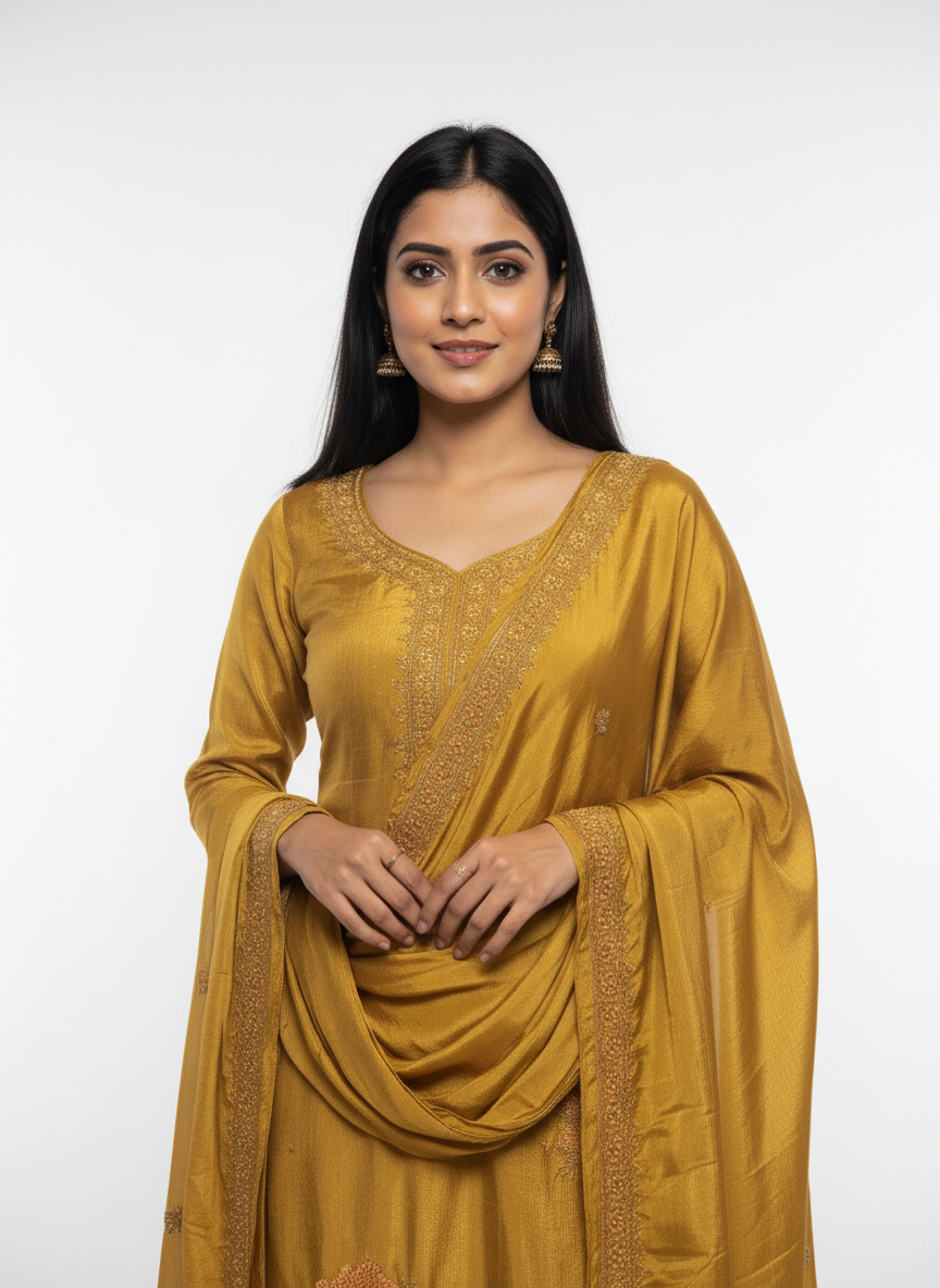 Royal Mustard Gold Silk Suit with Handwork Embroidered Dupatta – Luxury Wedding & Festive Designer Wear