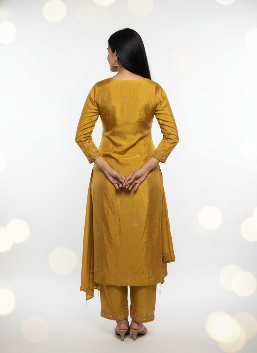 Royal Mustard Gold Silk Suit with Handwork Embroidered Dupatta – Luxury Wedding & Festive Designer Wear
