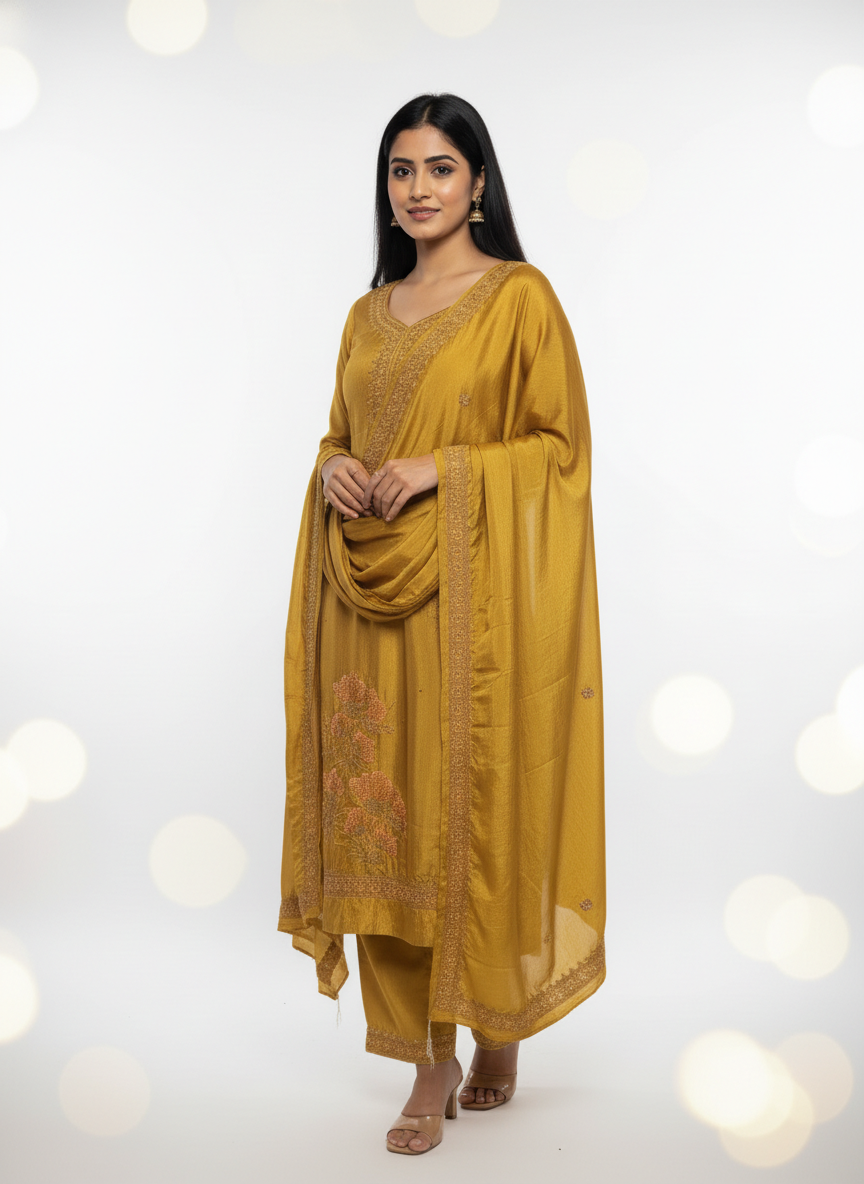 Royal Mustard Gold Silk Suit with Handwork Embroidered Dupatta – Luxury Wedding & Festive Designer Wear