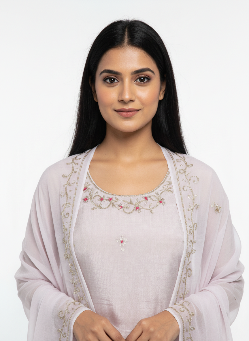 Pearl White Silk Suit with Handwork Embroidered pure Dupatta – Elegant Festive & Wedding Wear