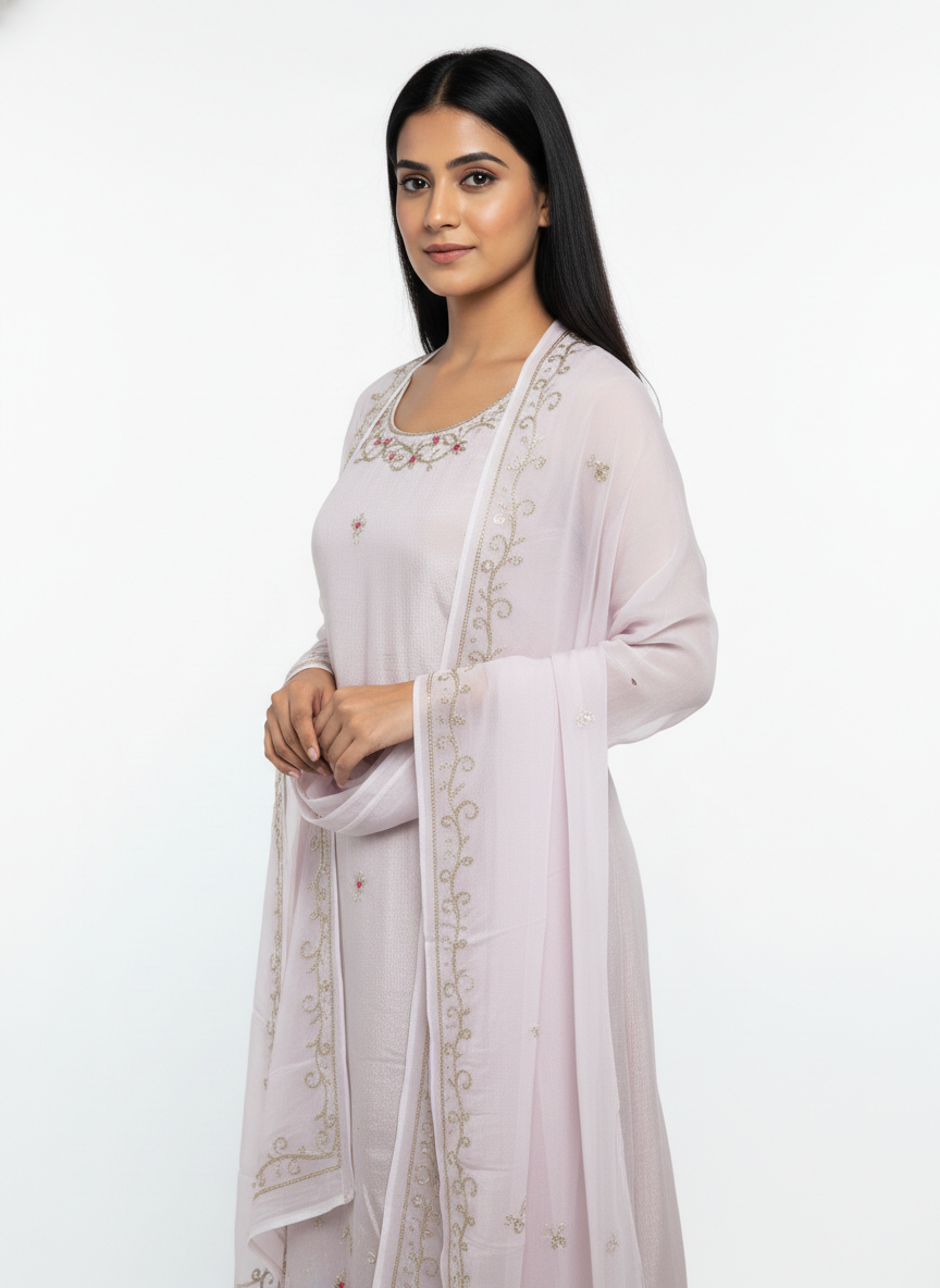 Pearl White Silk Suit with Handwork Embroidered pure Dupatta – Elegant Festive & Wedding Wear