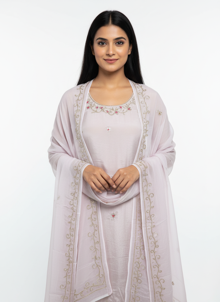 Pearl White Silk Suit with Handwork Embroidered pure Dupatta – Elegant Festive & Wedding Wear