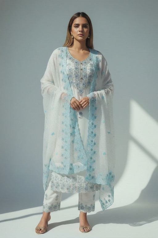 Luxury White & Silver Embroidered Suit Set with Dupatta – Elegant Festive & Party Wear