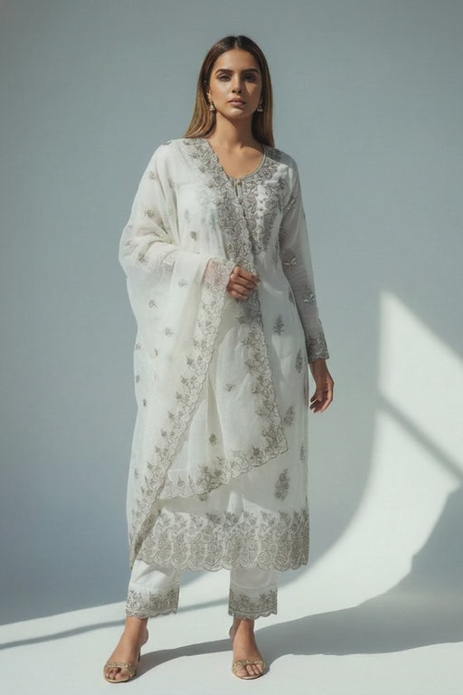 Luxury White & Silver Embroidered Suit Set with Dupatta – Elegant Festive & Party Wear