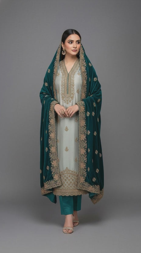 Premium Embroidered Ladies Unstitched Suit with Velvet Contrast Designer Dupatta
