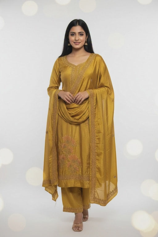 Royal Mustard Gold Silk Suit with Handwork Embroidered Dupatta – Luxury Wedding & Festive Designer Wear
