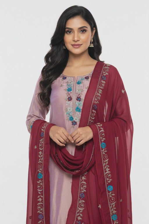 Blush Silk Suit with Wine Red Handwork Embroidered Dupatta – Luxury Festive & Wedding Wear