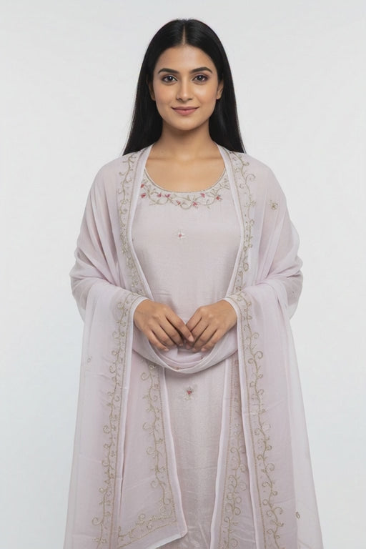 Pearl White Silk Suit with Handwork Embroidered pure Dupatta – Elegant Festive & Wedding Wear