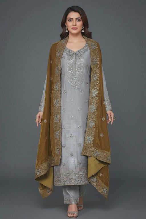Premium Embroidered Ladies Unstitched Suit with Velvet Contrast Designer Dupatta